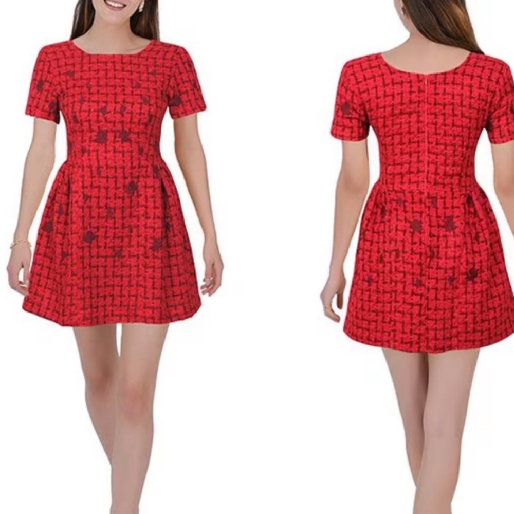 Fanm Mon Boucle Tweed Samantha Dress‎ in Cherry Red Embroidered Medium